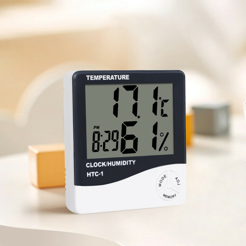 Indoor Room LCD Electronic Temperature Humidity Meter Digital Thermometer Hygrometer Weather Station Alarm Clock HTC-1 White
