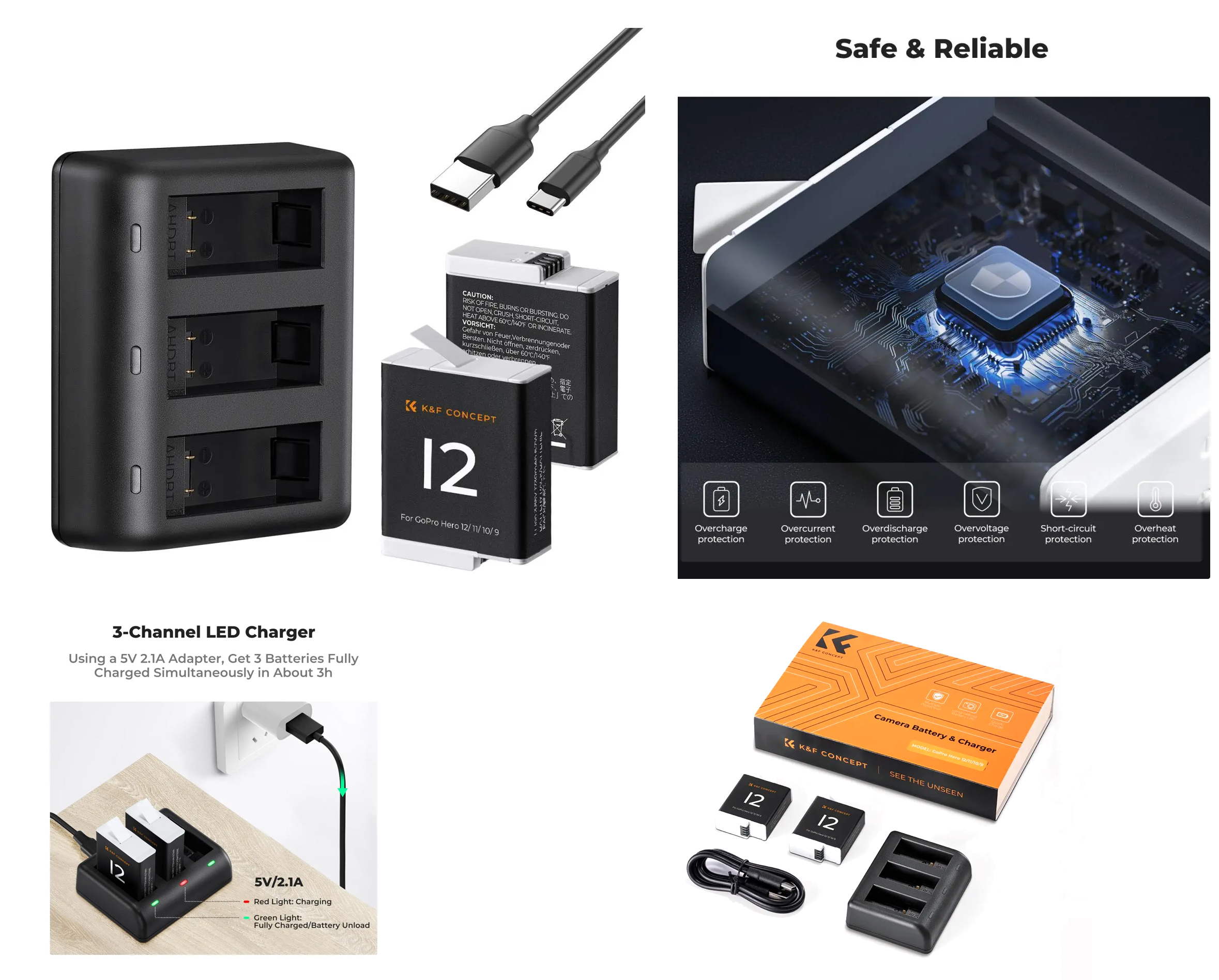 Pack 1730mAh Batteries for GoPro Hero 12/11/10/9 Black, with