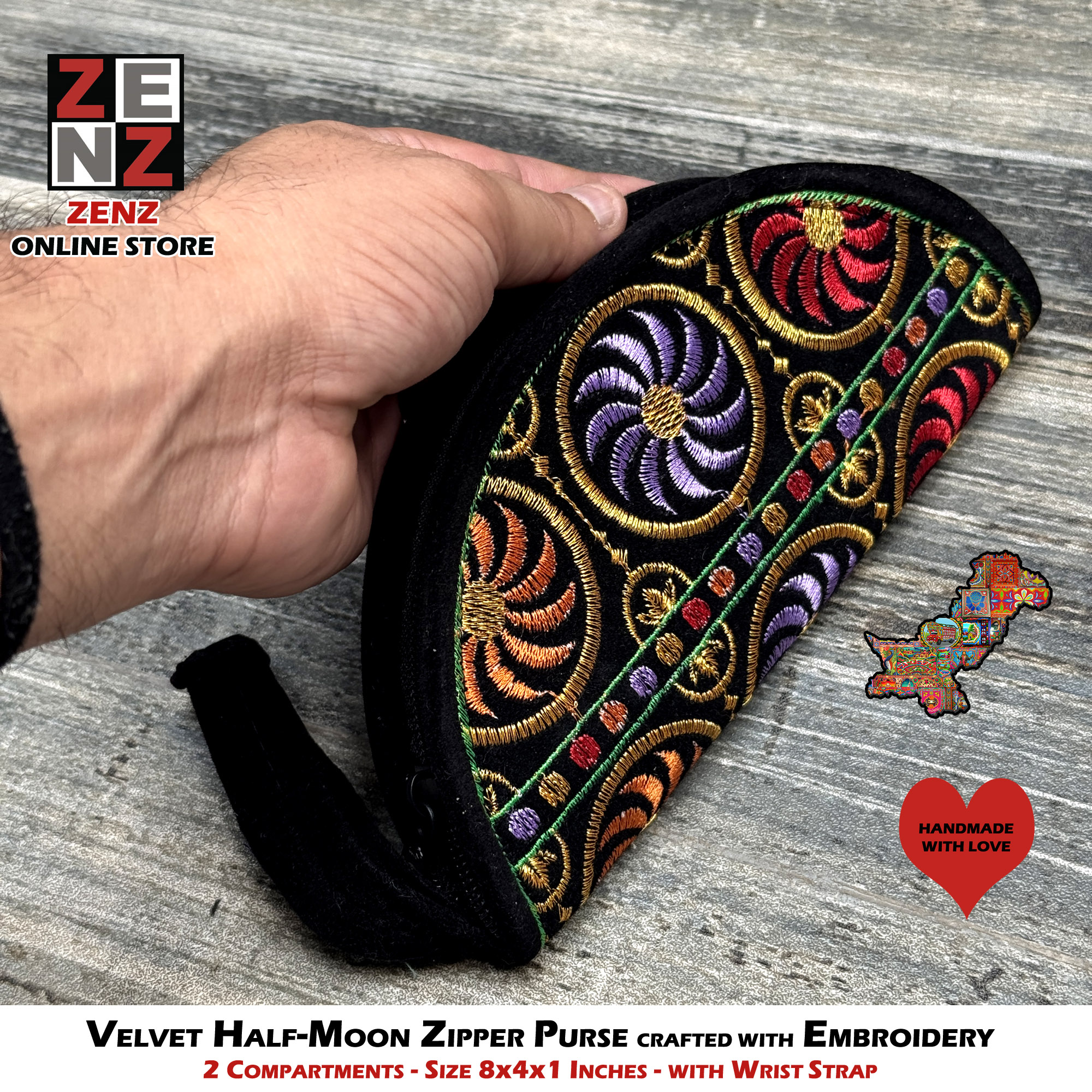 Half Moon Shaped Handmade Black Embroidered Velvet Clutch Purse Size 8x4 Inches crafted with Multicolour Embroidery by ZENZ Pakistani Traditional Vintage Fashion Wear