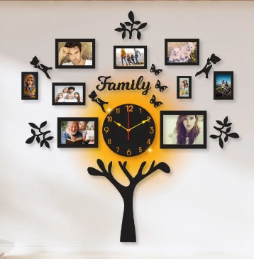 Wooden Family Tree Wall Clock with 9 Photo Frames and LED Light Home Decor
