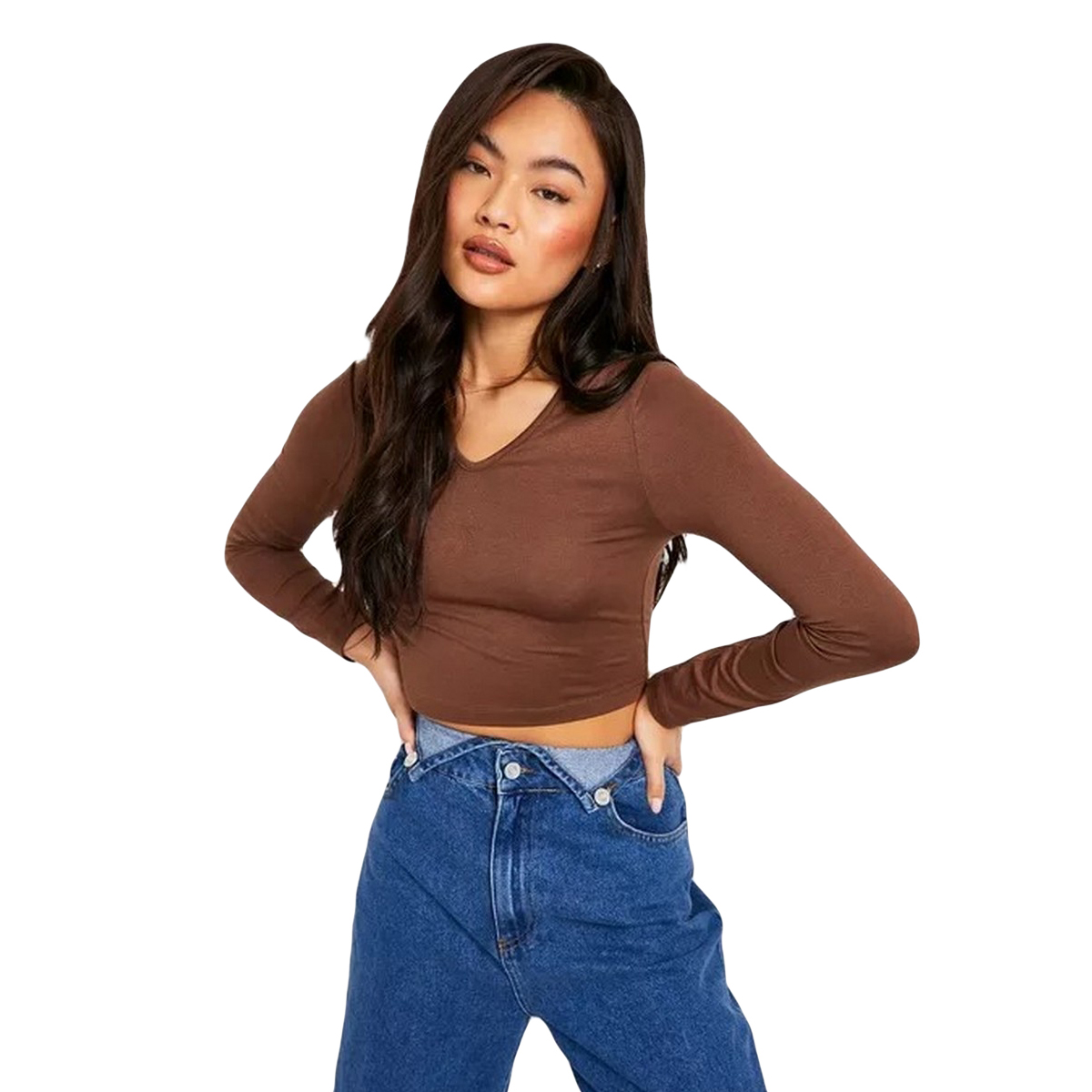 WOMEN CROPPED TOP V NECK LONG SLEEVE T SHIRT