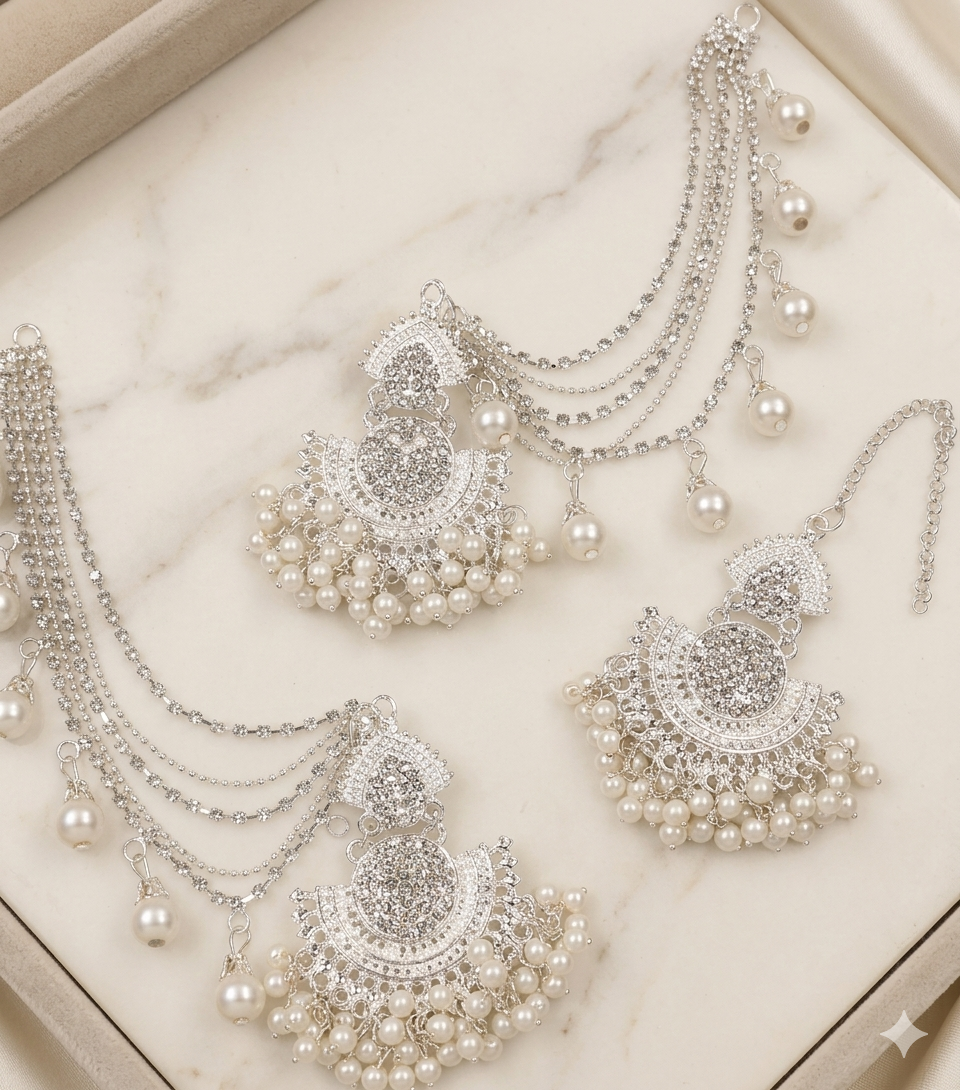 Artificial Pearl Golden Ear Rings With Tika Beautyfull Bahubali Pearl Sahara Long Lasting Polish For Beautyfull Girl Artical 543743145