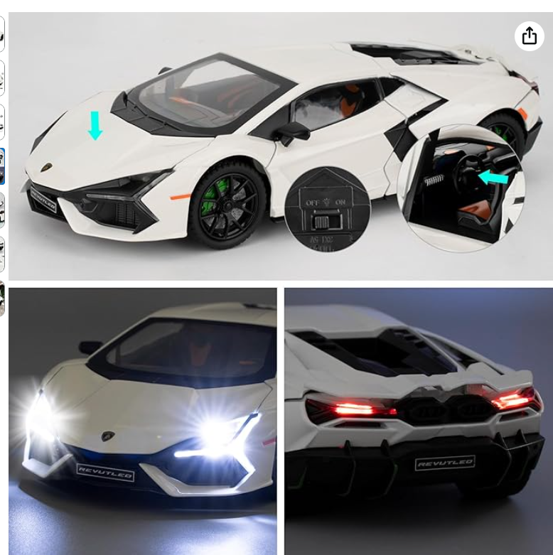 Lamborghini Revuelto Toy Car, 1/24 Diecast Model Car with Sound, Light and Pullback, Collector Model Car, Gift for Children with Smoke Feature view 4