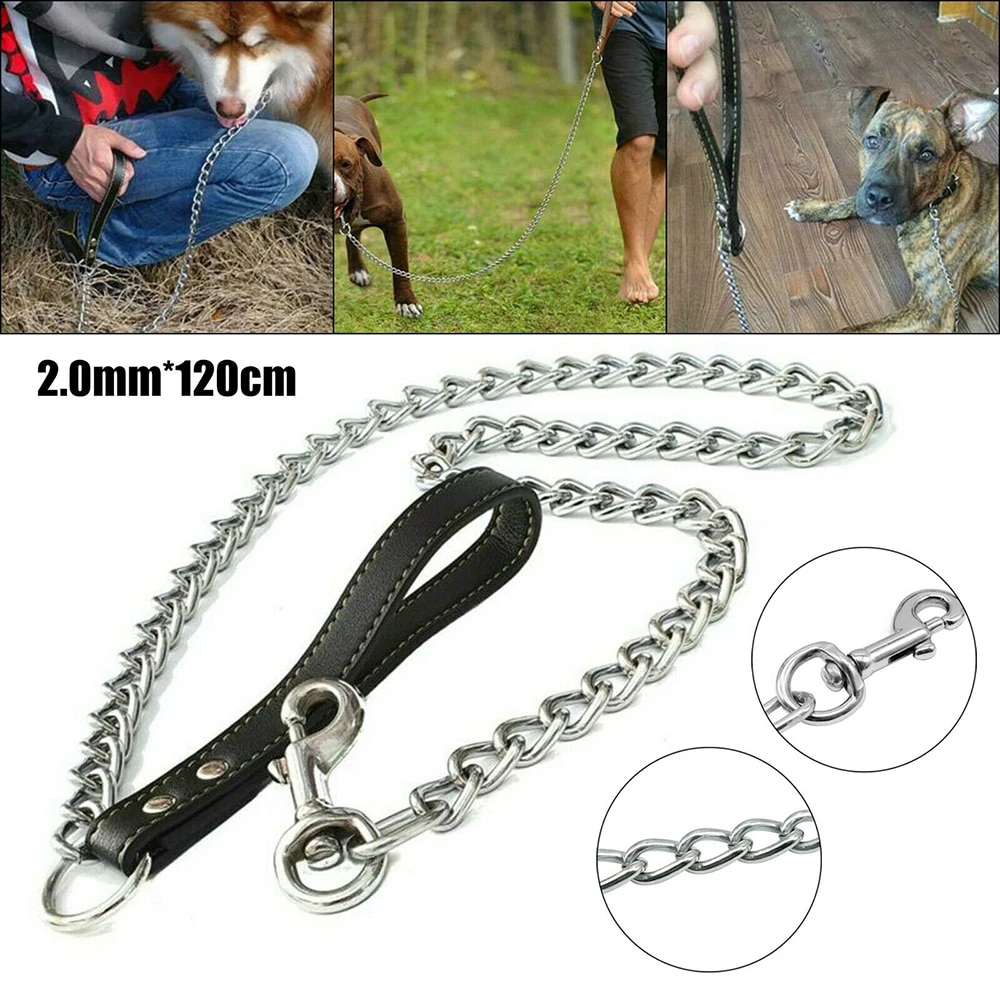 Heavy Duty Metal Chain Dog Lead With Leather Handle Long Strong Control Leash Outdoor Pet Traction Rope Anti Bite Chain Supplies Daraz.pk