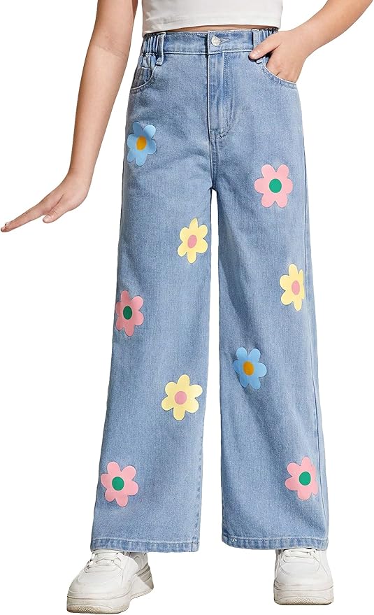 HER'TESORO Flowers Print Wide Leg Jeans For Women