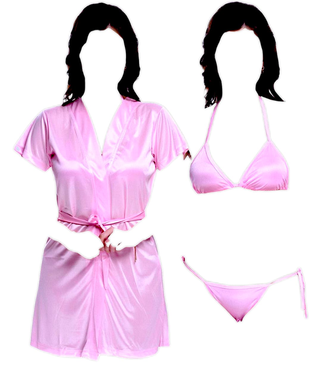 SW SILK WEAR- Women 3 Piece Nighty Sleepwear Silk Satin night dress Lingerie Set With Robe and Short Gown Bridal for Ladies and Girls for Night Wear and Parties Full Black Body Stocking for Free Bra BI-015