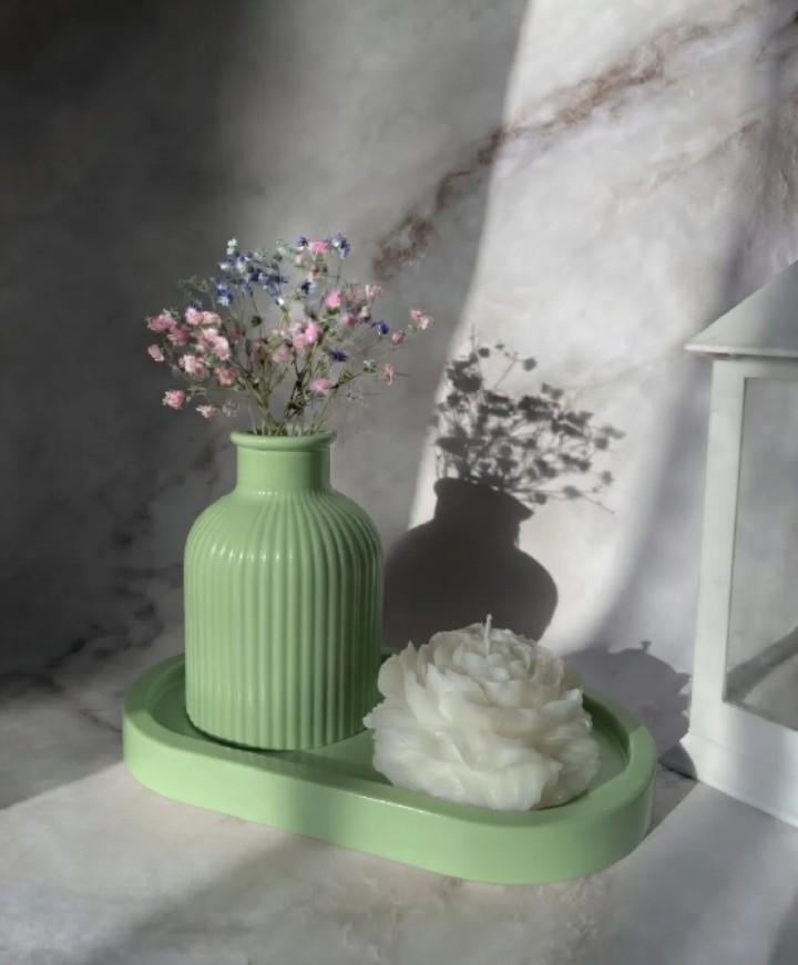 Set of 3 Mini Flower Vase Oval Tray & Peony Rose Candle Is Best for Home Decor, Modern Minimalist Home Decorative Set