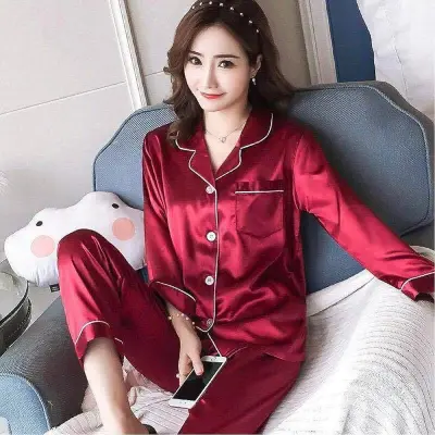  Womens Satin Sleep Shirt Long Sleeve Sleepwear Silk  Nightshirt Button Down Pajama Top Black
