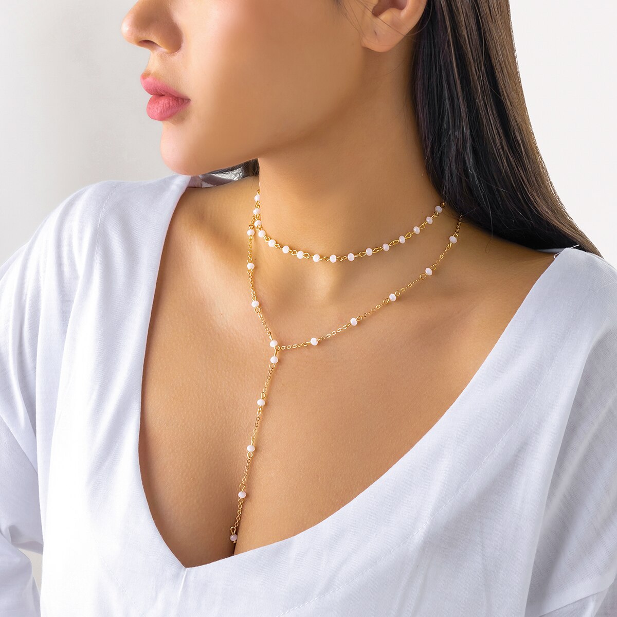 gold layered beaded necklace for women long chain pearl style drop dainty minimalist fashion jewelry gift for her | girls ladies party wear elegant boho chic trending statement necklace stylish everyday accessory for women & girls