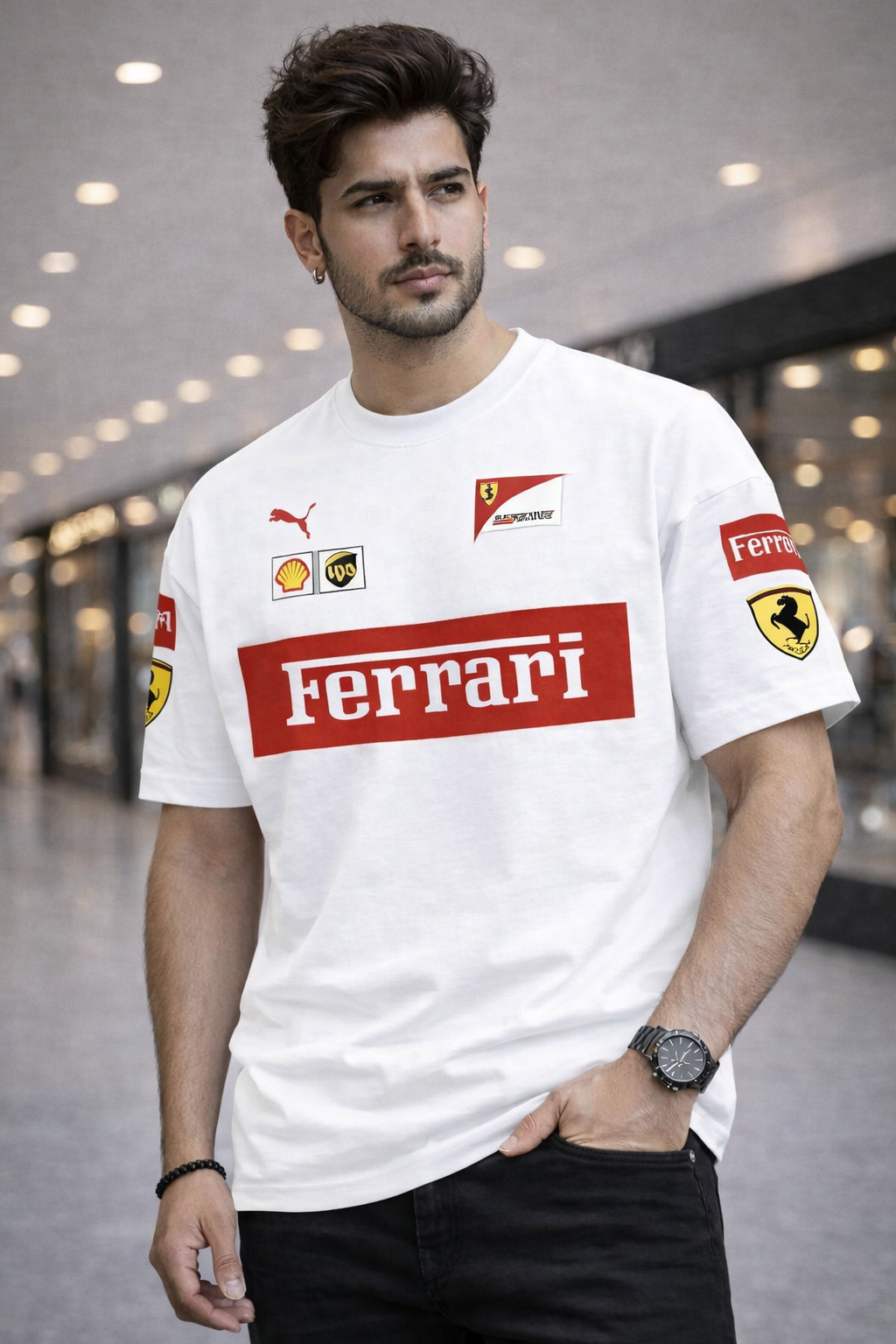 Ferrari Racing Drop Shoulder T-Shirt For Men Summer Cotton Fabric Streetwear Style White and Black Color
