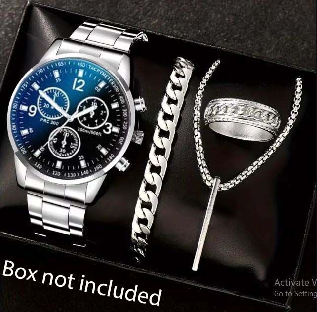 Pack of 4 Black Watch, Chain Bracelet, Ring, Bar Locket Set for Men/Boys