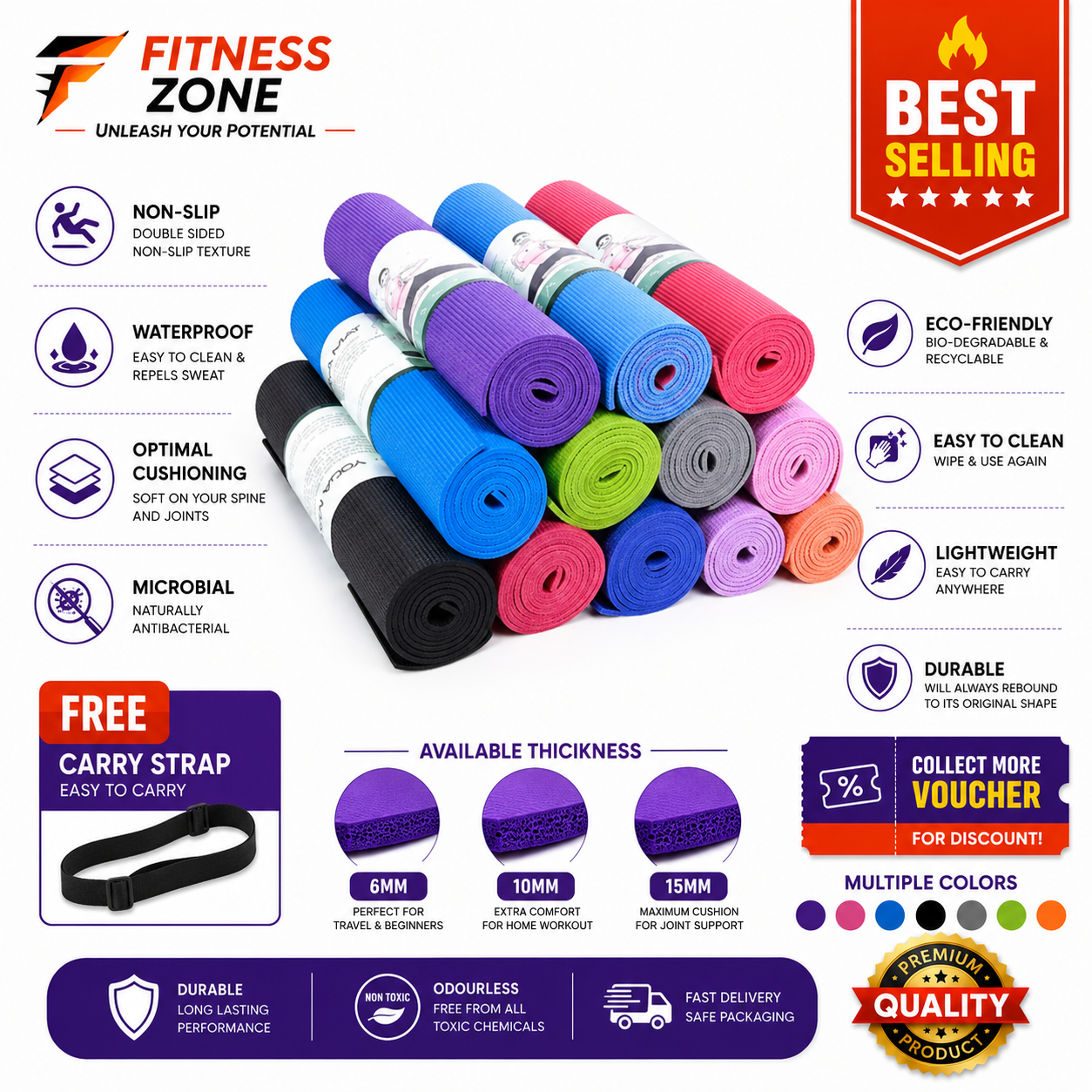 Premium Yoga Mat with Free Carrying Strap | 6mm, 10mm & 15mm Anti-Slip Exercise Mat | Extra Soft EVA PVC Fitness Mat for Yoga, Pilates & Home Workout Fitness zone