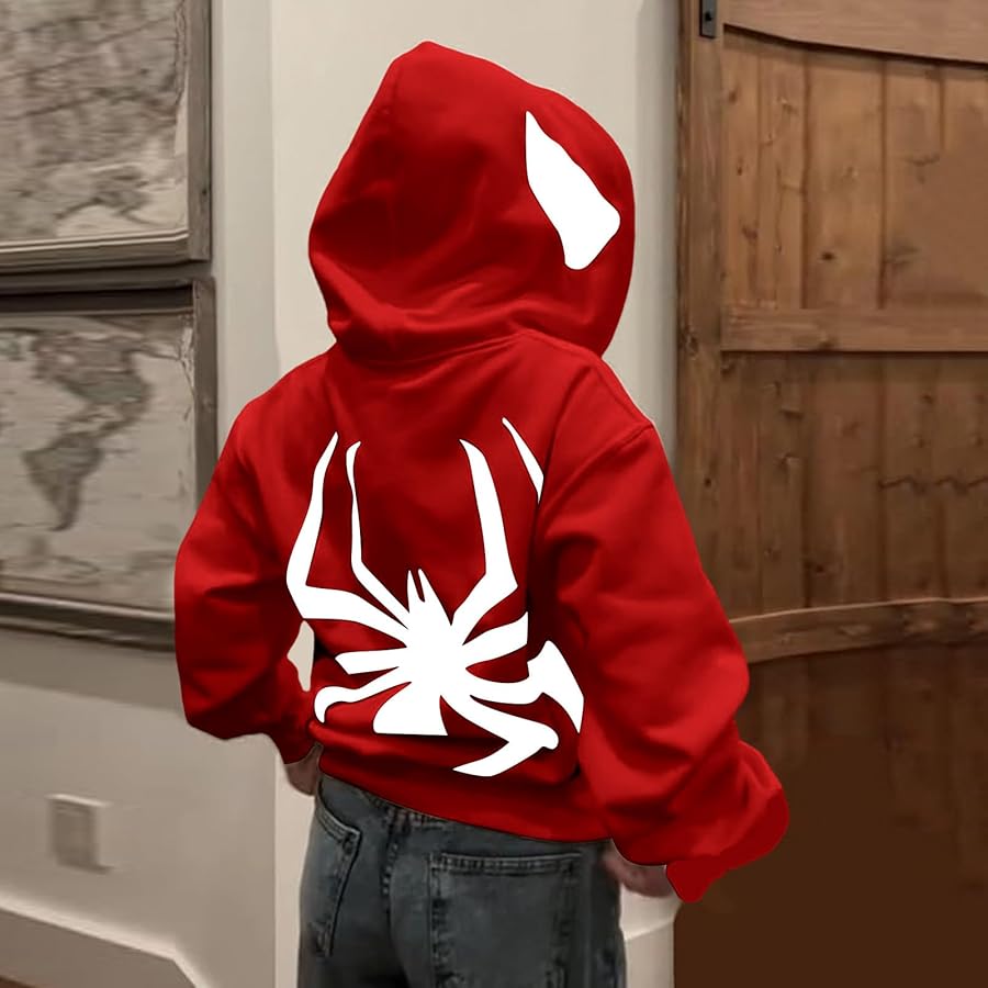 MI'TESORO Spiderman Hoodie Zipper Spider-Man Unisex Hoodies Full Zip Hooded Sweatshirts In Red Color