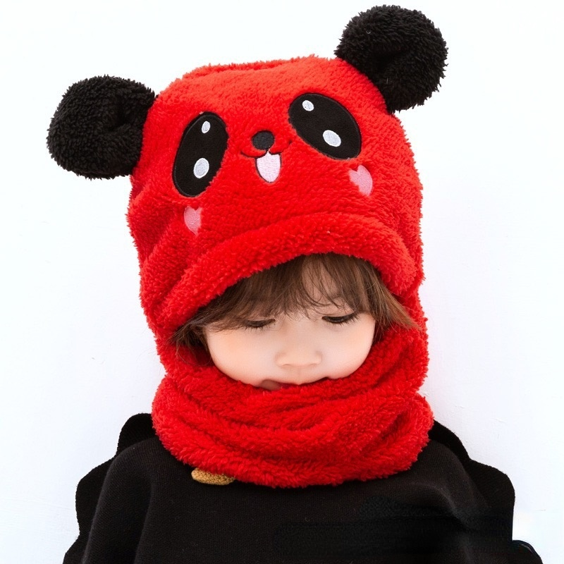 Boys And Girls Adorable Winter Baby Cap Velvet Cartoon Panda &Amp; Rabbit Hat With Warm Neck Collar
