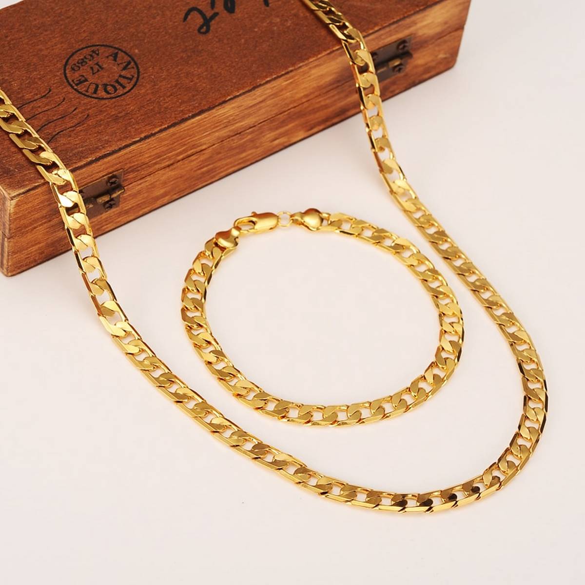 Pack Of 2 – Cuban Style Golden Hand Bracelet and Neck Chain for Boys