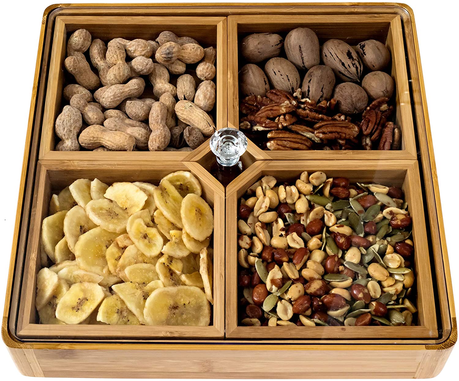 4 Compartments Bamboo Wooden Divided Serving Tray With Lid