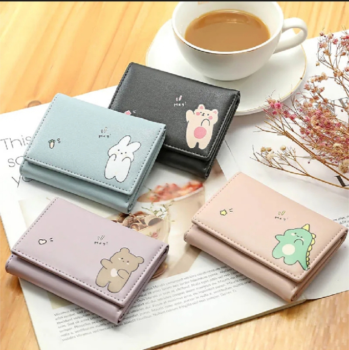 PU Leather Cartoon-Themed Tri-Fold Wallet for Women - Casual Animal Print Card Holder Style