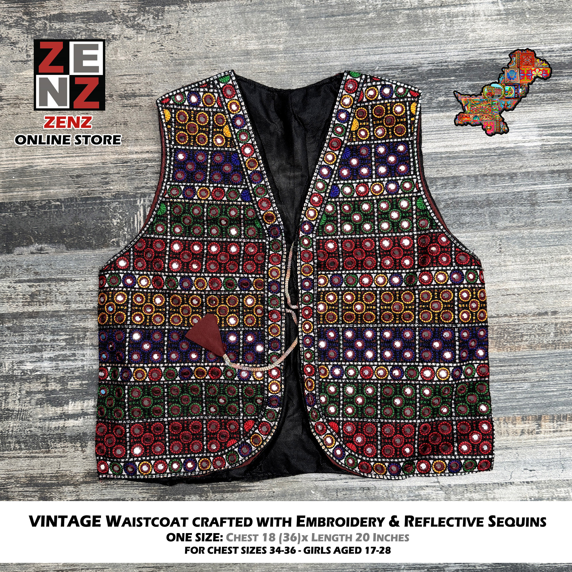 Pakistani Sindhi Balochi Pathan Kashmiri Traditional & Cultural Wear Waistcoat Koti Aari Embroidered Multicolor by ZENZ