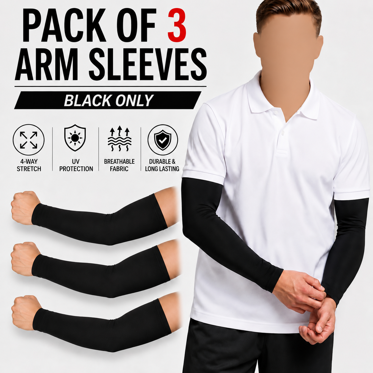 3 Pair of Cooling Arm Sleeves Black for Men, Women & Girls Sports Arm Sleeves Covers Sun Light Protection Arm Muff Stretchable Fabric Protect Your Skin from Sun Exposure Comfortable UV Sleeves For Men and Women - Black/Skin