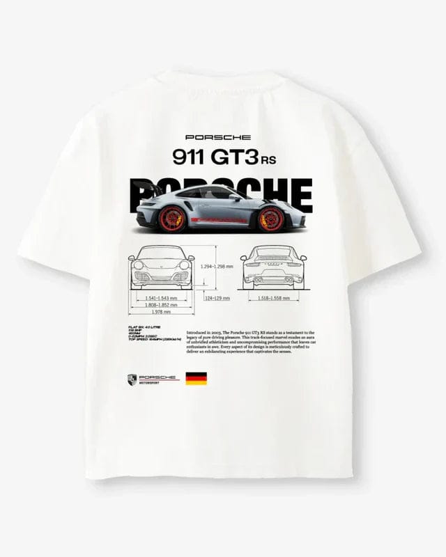 White Porsche 911 GT3 RS Oversized T-Shirt – Blueprint Graphic Back Print Streetwear Tee
