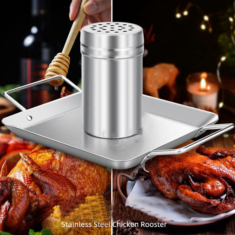 Chicken Roaster Rack Beer Can Stand Stainless Steel w Pan BBQ Grill