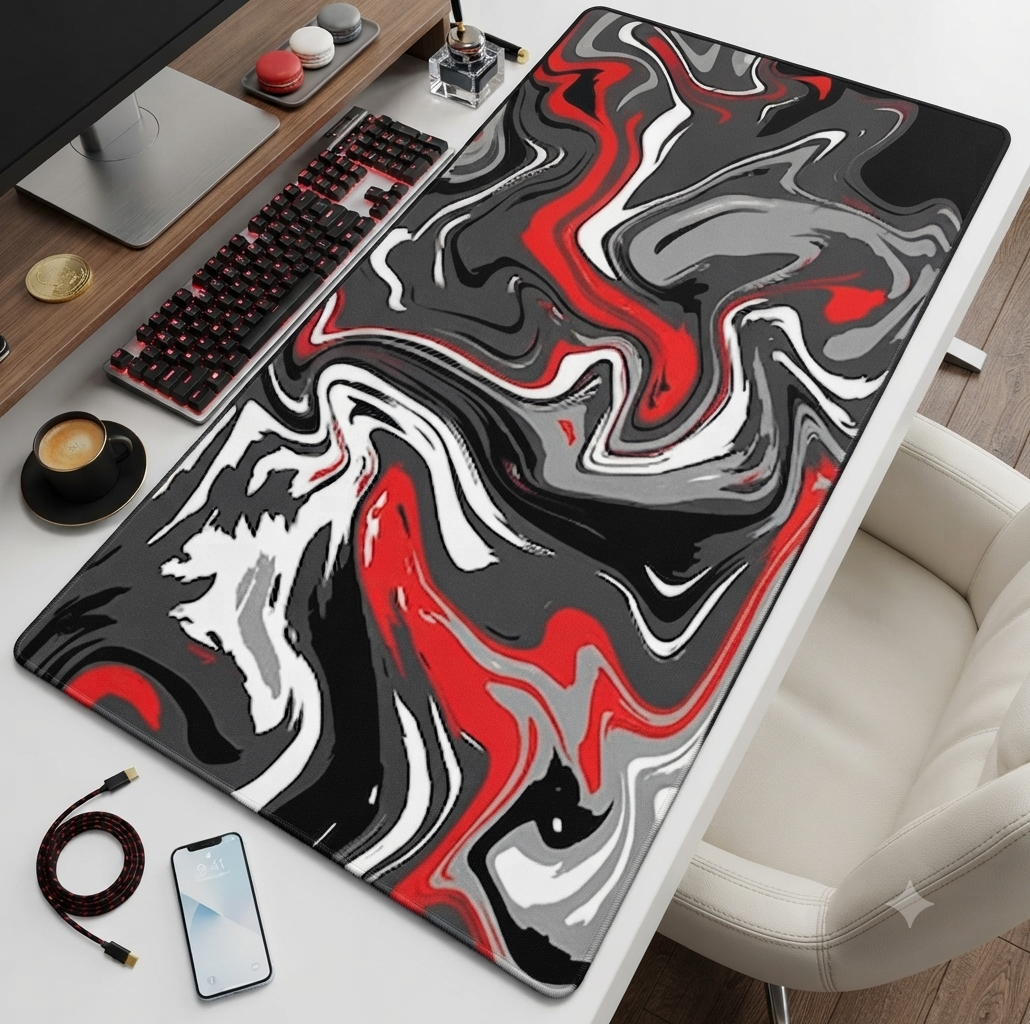Large Extended Gaming Mouse Pad – Desk Mat with Abstract Red, Black & White Marble Design