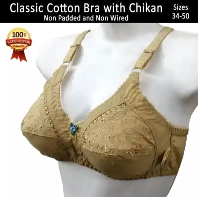 Non Padded Bra for Women with Chikan Embroidery Classic Cotton Bras for  Women's with Adjustable wide straps in 34 to 50 Size Brazer for B and C  Cups Non Wired Brassiere for