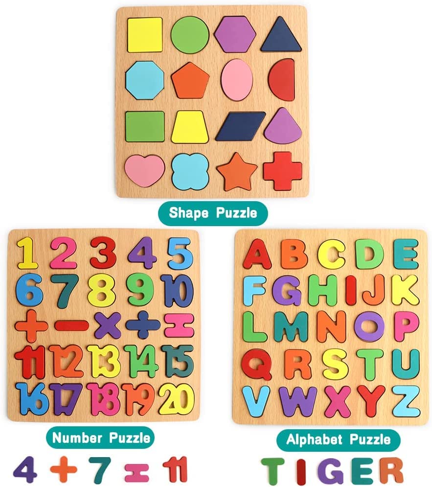 Wooden Alphabet |  Puzzles & Numbers Count Board, Colorful ABC Uppercase Letters/Numbers/Shapes for Kids Toddlers Preschool Early Learning Educational Toys