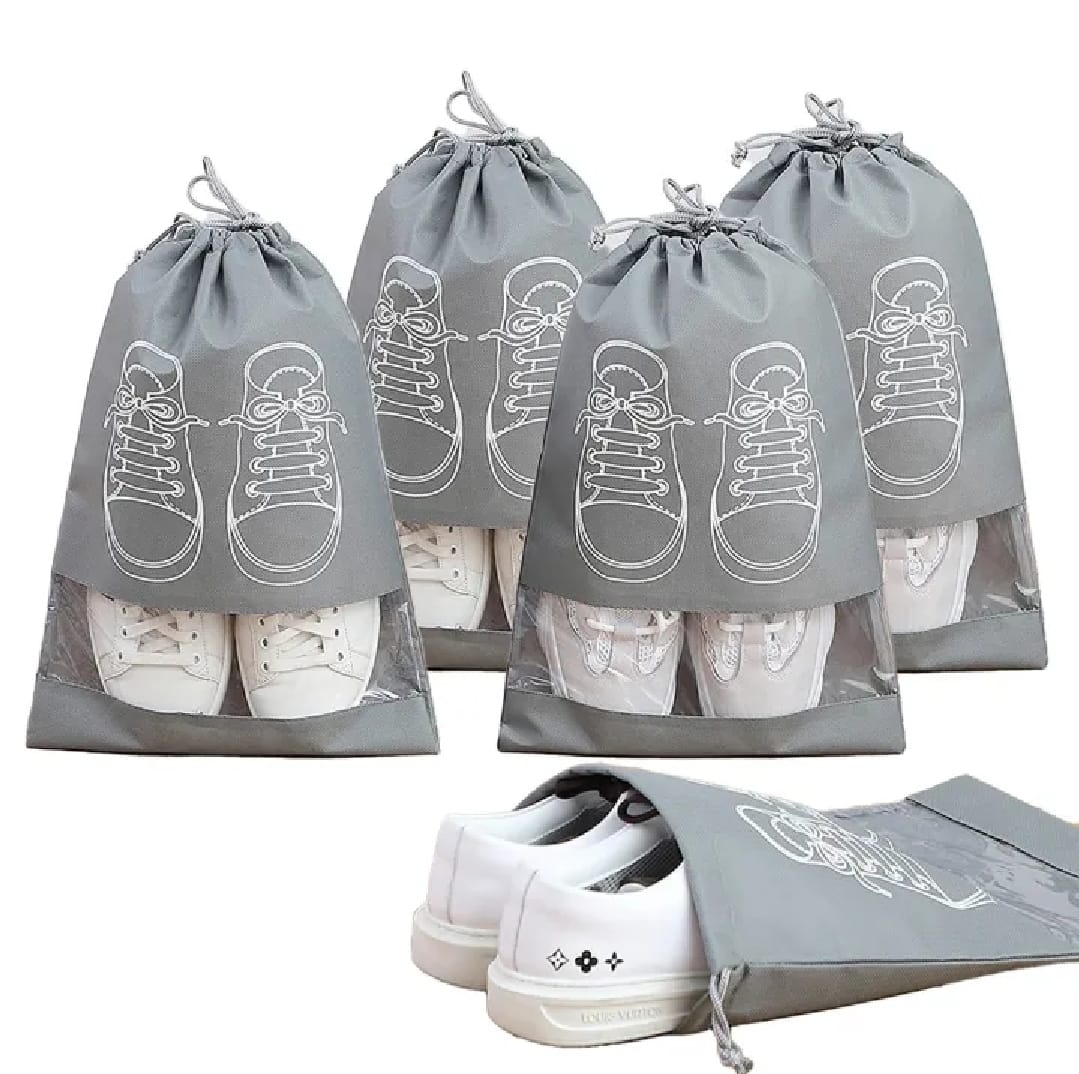 Pack of 5 Printed Shoe Bags for Travel Dust-proof Clear Window Non-Woven with Rope packing luggage suitcase Pouch Storage Organizer for Men and Women