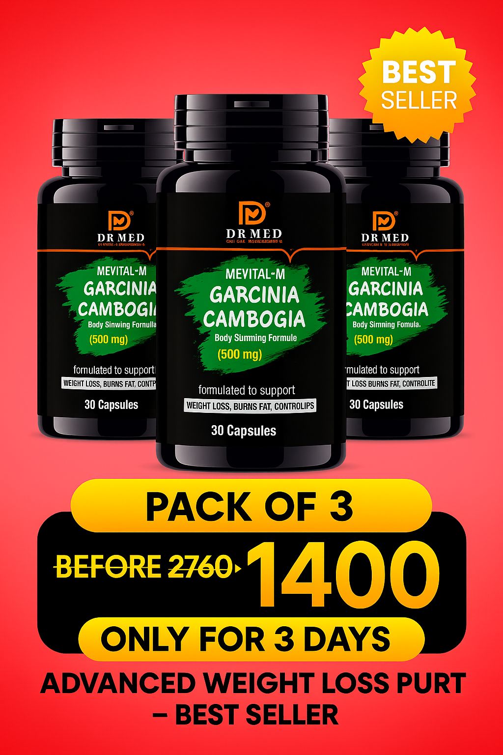 Pack of 3 (Mevital-M Garcinia Cambogia Capsules For Loss Weight, Burns Fat & Control Appetite) 3 months complete course total 90 capsules