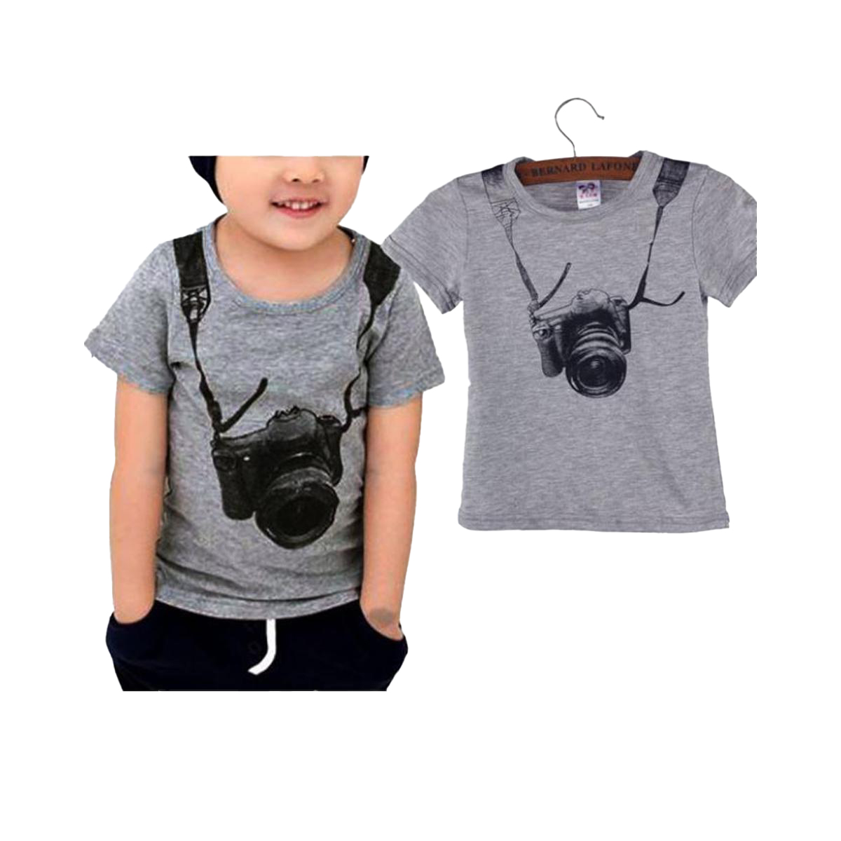 grey Camera Parttern Cotton T-Shirt For Kids
