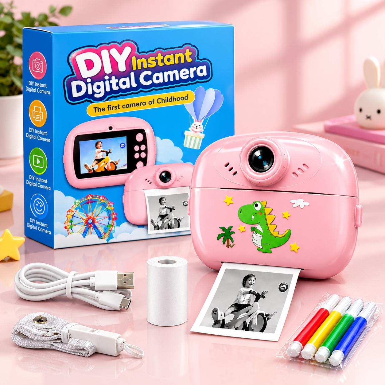 Smart Digital Dual Lens instant Print camera For kids 1080 P Vedio Recorder & Selfie Camera With Tharmal Printer Camera 2.4" IPS Screen Mini Portable Camera With Games Best Gift For Gift For Both Girls And Boys ! Children Digital Camera Toys For Kids