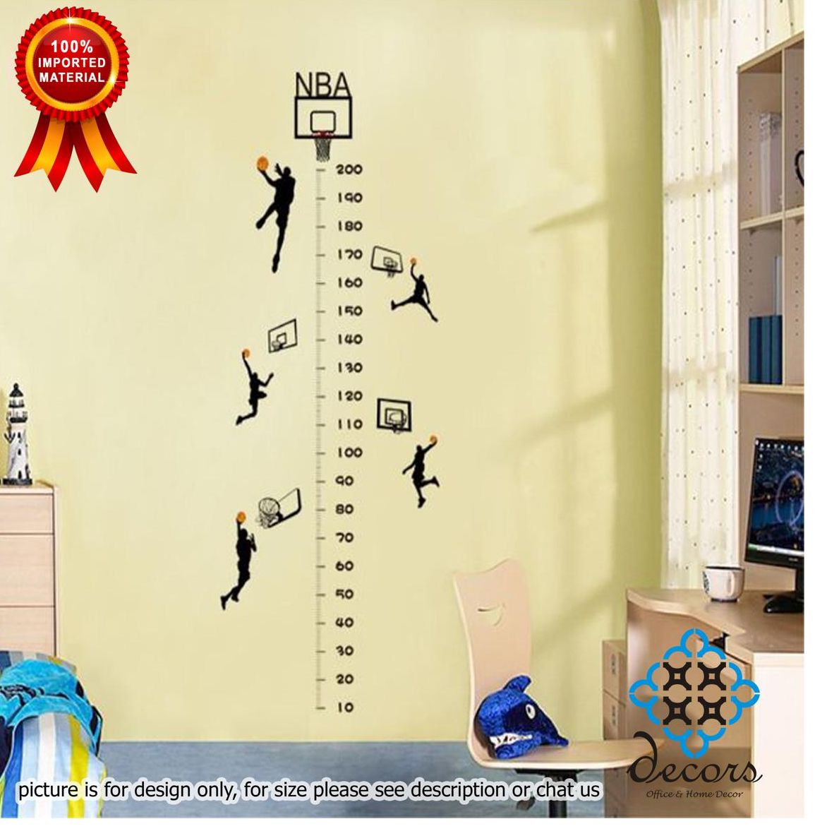 decors - size- 4 x 1 feet - Height measuring scale basket ball player style self adhesive wall sticker vinyl decals decor covering DIY art indoor scales for kids, baby, clinic, children, sports, hospital for measurement - black color