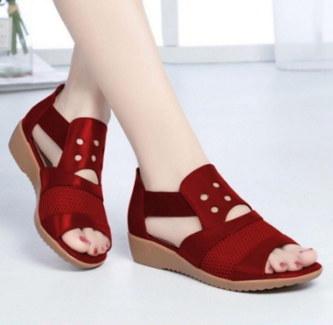 Women’s Mesh Stitching Hollow Wedge Sandals – Soft PU Leather Comfort Sandals for Daily Wear