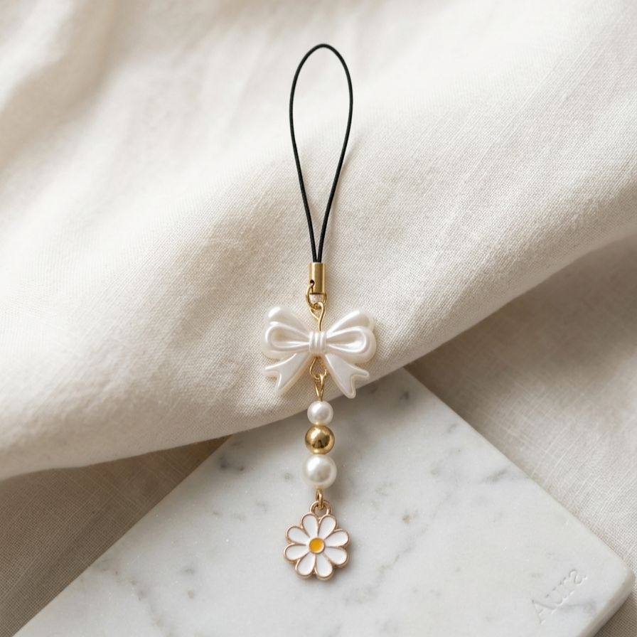 Aesthetic White Ribbon Bow & Daisy Flower Phone Charm - Korean Style Pearl Beaded Keychain for Girls - Elegant Mobile Hanging Strap Accessory