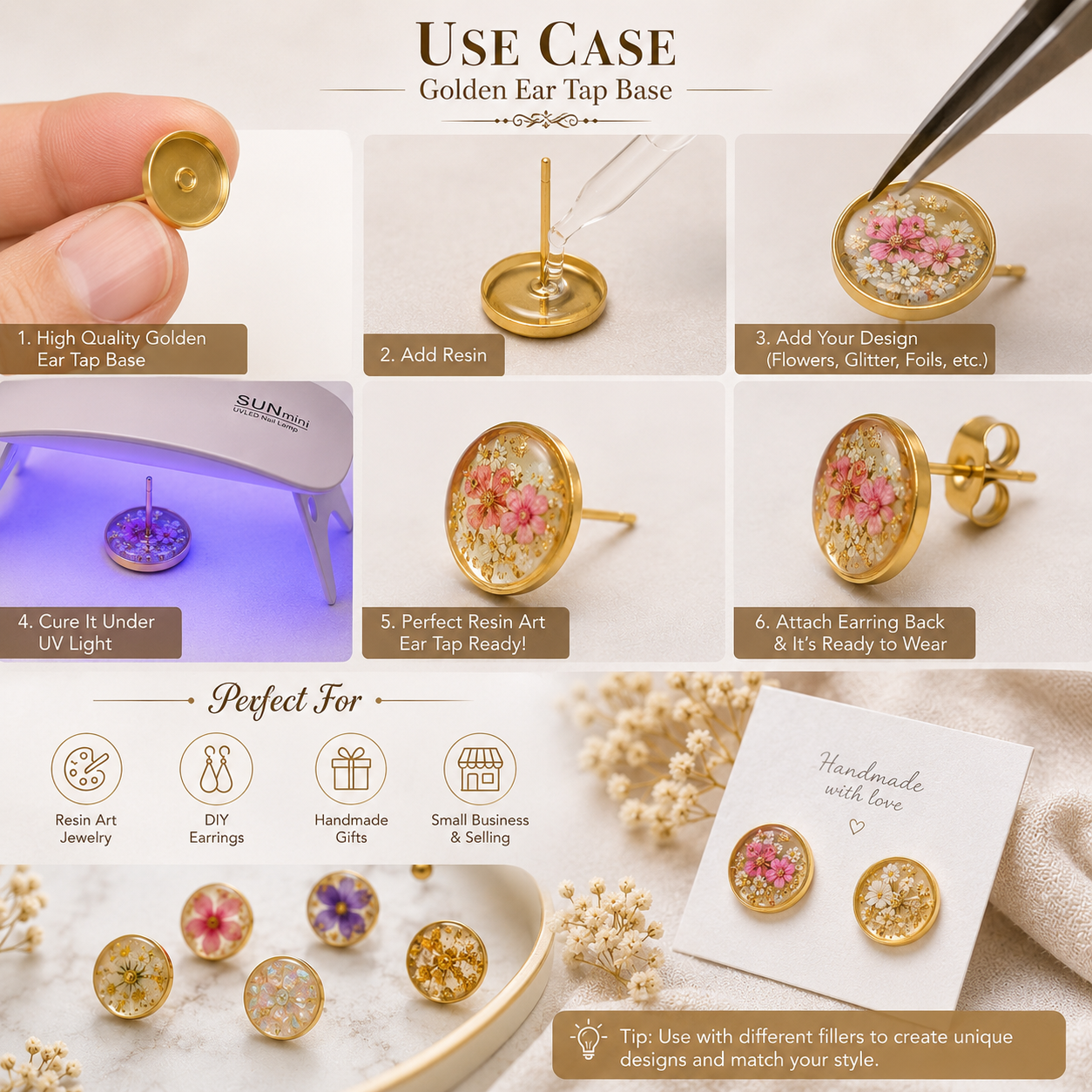 15mm Golden Earring Stud Base Tray | Resin Art Earrings Base | Stainless Steel Ear Stud Findings | DIY Jewelry Making Supplies | Round Cabochon Setting Blank | Golden Earring Post for Resin Craft