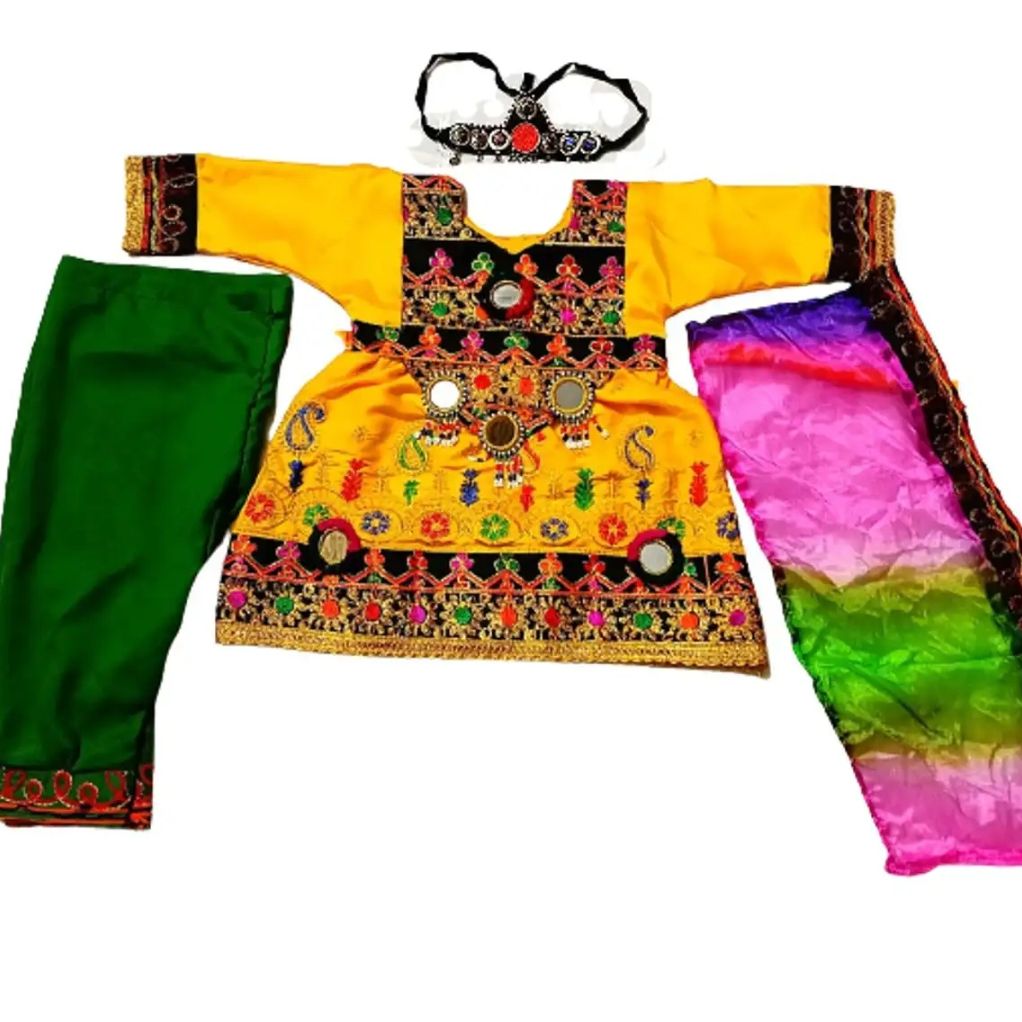 traditional Afghani Frock for Girls and Kids THREE piece full dress with free gift matta patti yellow