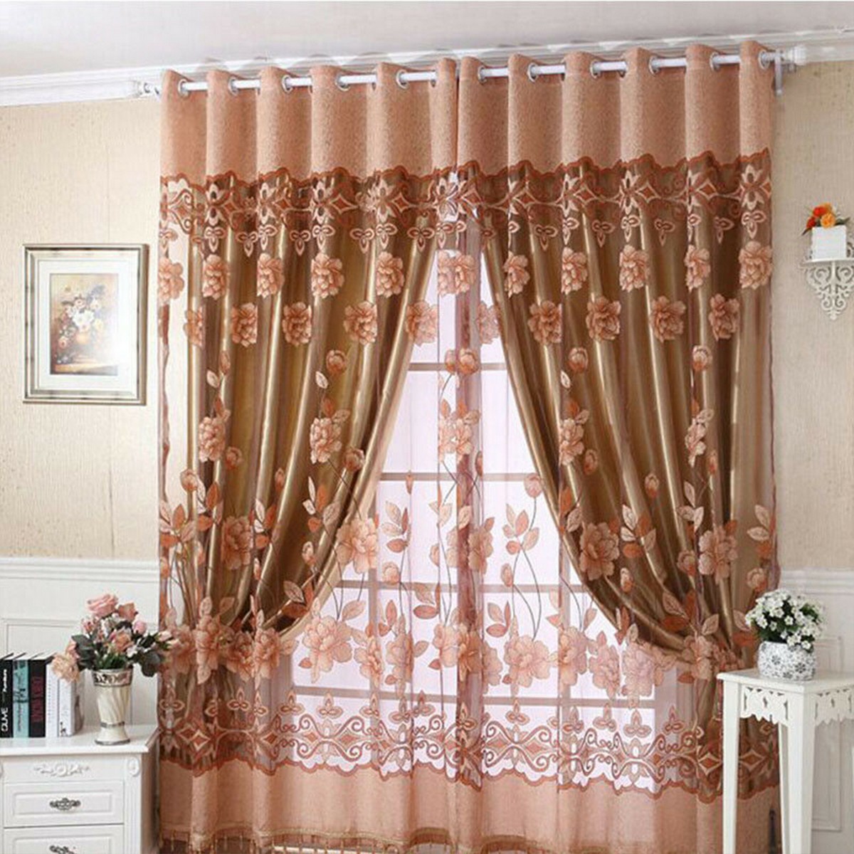 Latest Roman Embroidered Tulle Short Pastoral Curtains grey 特売