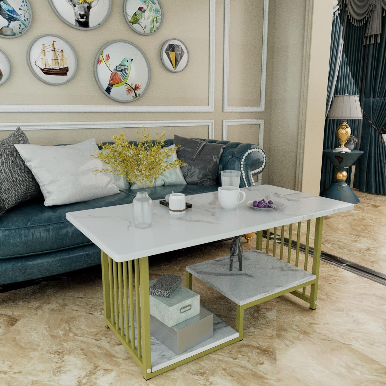 Coffee Table White Faux Marble 2-Tiers Large Rectangular Side End Table with Storage Shelf for Coffee Dinning Living Room Apartment Small Stand Modern Design Furniture Wooden for Couch