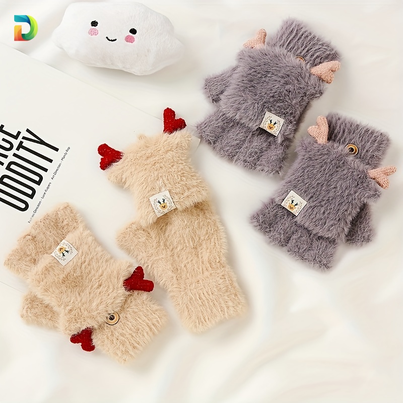 Women Lovely Winter Fingerless Stag Head Thick Warm Gloves | Fashion Fingerless Sports Gloves For Outdoor Cycling, Motorcycle, Running | Fluffy Plush Fingerless Convertible Gloves | Girls Warm Mittens For Winter