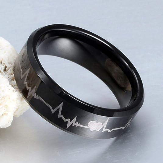 Heartbeat Laser Etched Engagement Band Rings For women and men ECG Rings Black Band