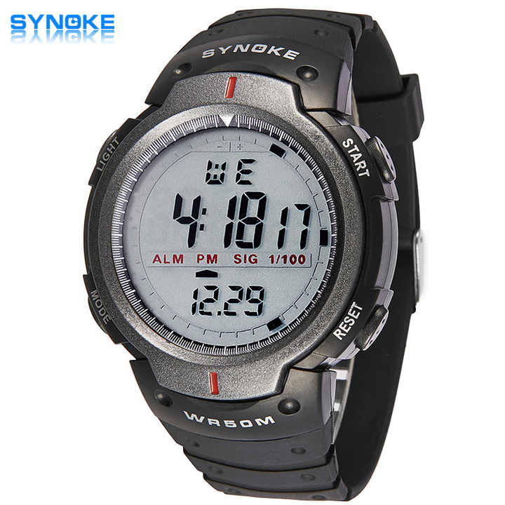 Synoke led sports watch silicone black straps waterproof round shape male wrist watch