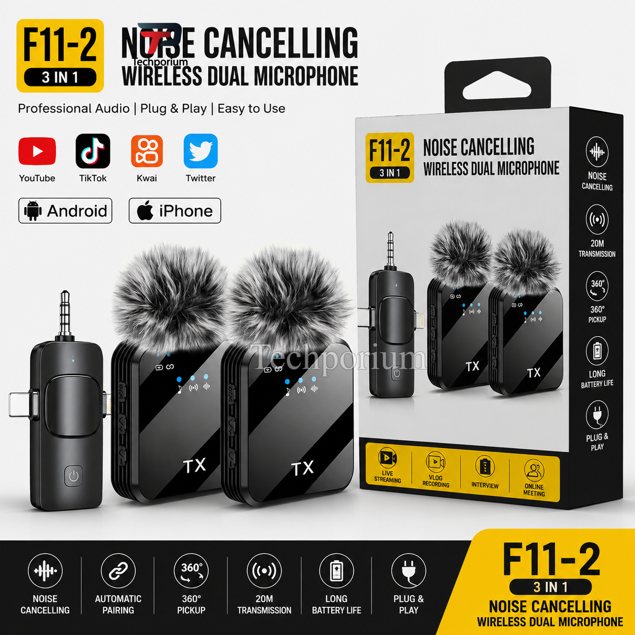 Wireless Dual Microphone F11-2 3 in 1 Noise Cancelling Clear Audio Display Screen Long Range Lightweight Compact YouTube TikTok Vlogging Live Streaming Interviews Online Classes Mobile and DSLR