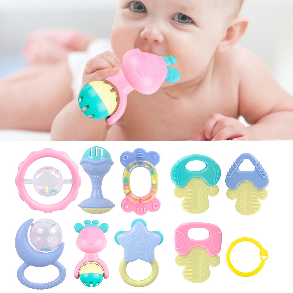 Pack of 4 / 9 Pcs -  BPA Free Soft Silicone Infant Kids Rattle Toys - Baby Teether Toy Set – for Newborn and Toddler Hand Holding babies Rattles