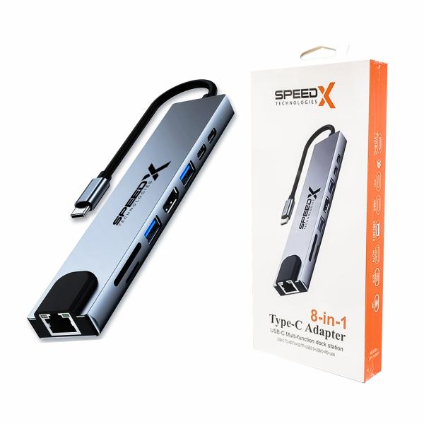 Speed-X 8-in-1 USB-C Multiport Adapter with 4K HDMI, Ethernet RJ45, USB 3.0 Ports, PD Fast Charging, SD/TF Card Reader & Multi-Function Type-C Hub Converter for Laptops, Tablets & Smartphones -   8 In 1 Multi-port Type C 4k Hdmi Usb 3.0 Converter