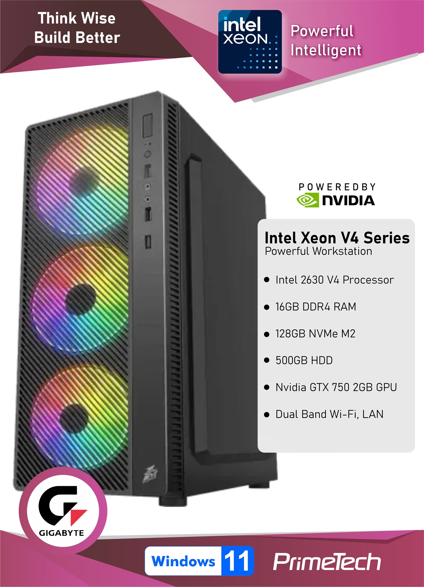 Powerful Workstation PC - Intel E5 V4 Processor, X99 Motherboard, 16GB DDR4 RAM, 128GB NVMe M.2, 500GB HDD, 2GB Nvidia GPU, 500 Watts 80 Plus PSU