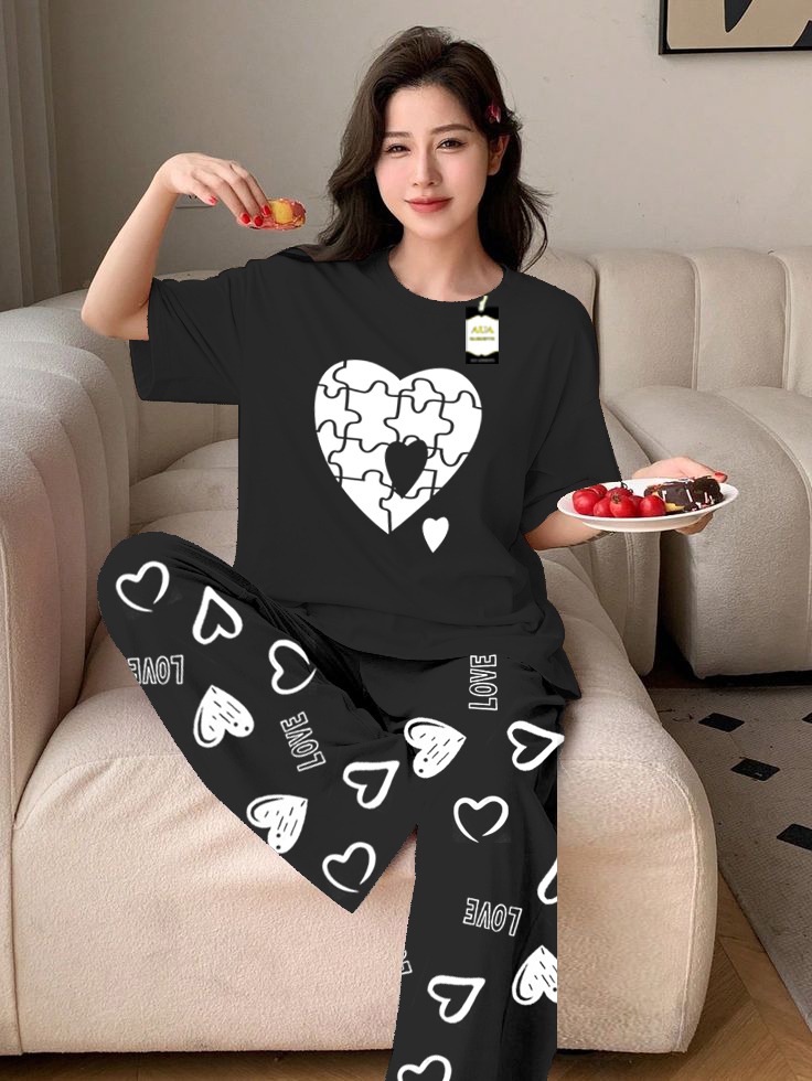 Puzzel Heart Printed Nightwear Set With Love Heart Printed Trousers – Women's Lounge Wear (011)