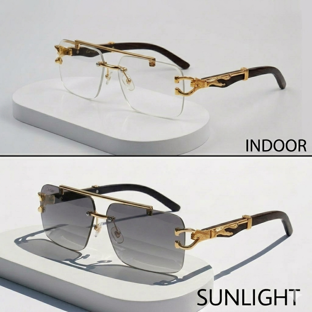 UrbanHive.pk All-Season Outdoor Premium Polycarbonate & TR90 Frame Rimless Photochromic Color-Changing Eyewear Sunglasses for Men & Women - Luxury Cheetah Style Solar Magic Glasses for Girls & Boys - Unisex Frameless Shades for Ladies