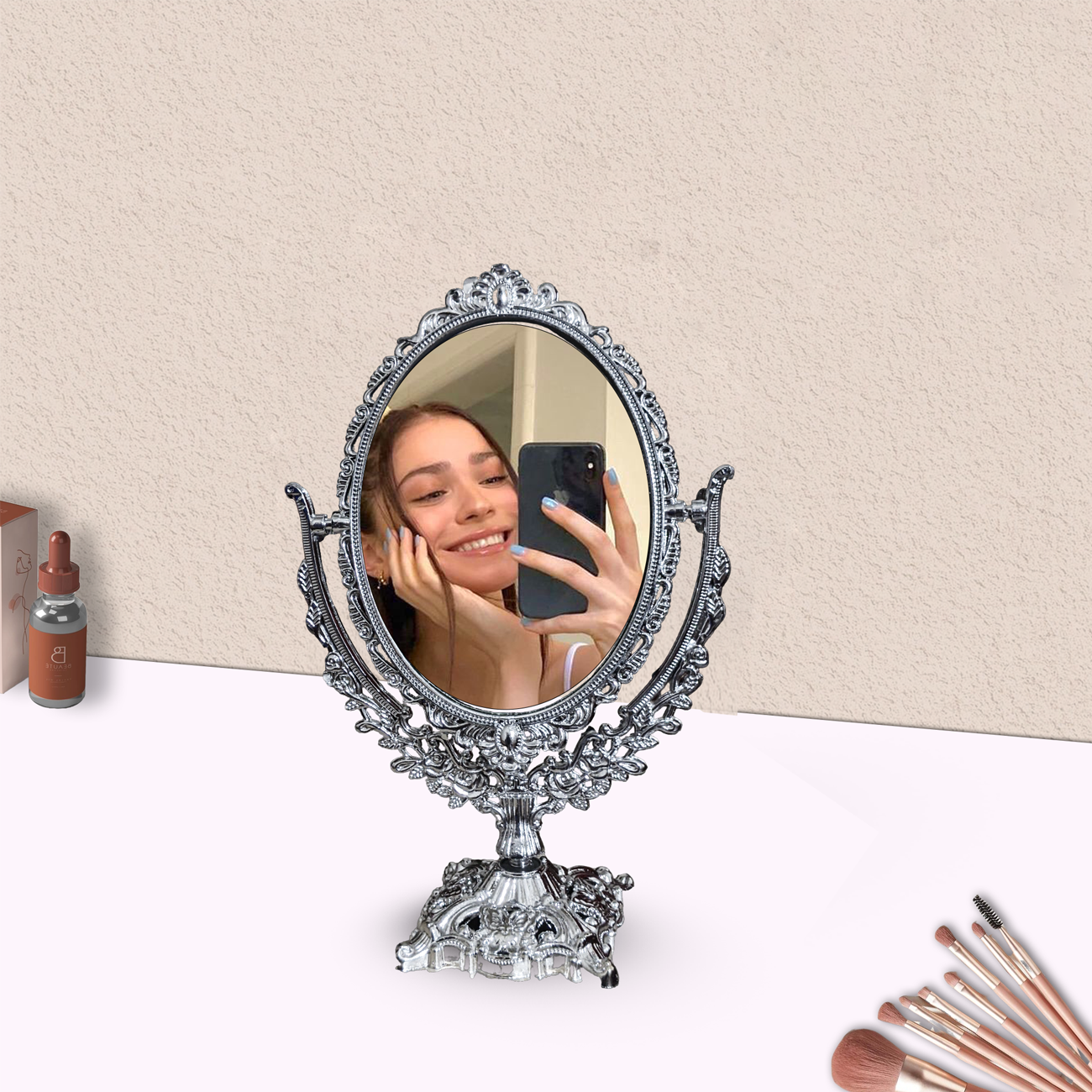 Retro makeup beauty mirror in the European style, Beautiful selfie mirror for girl with a circle shape, Dressing mirror 28cm hight for dorm bedroom mirror