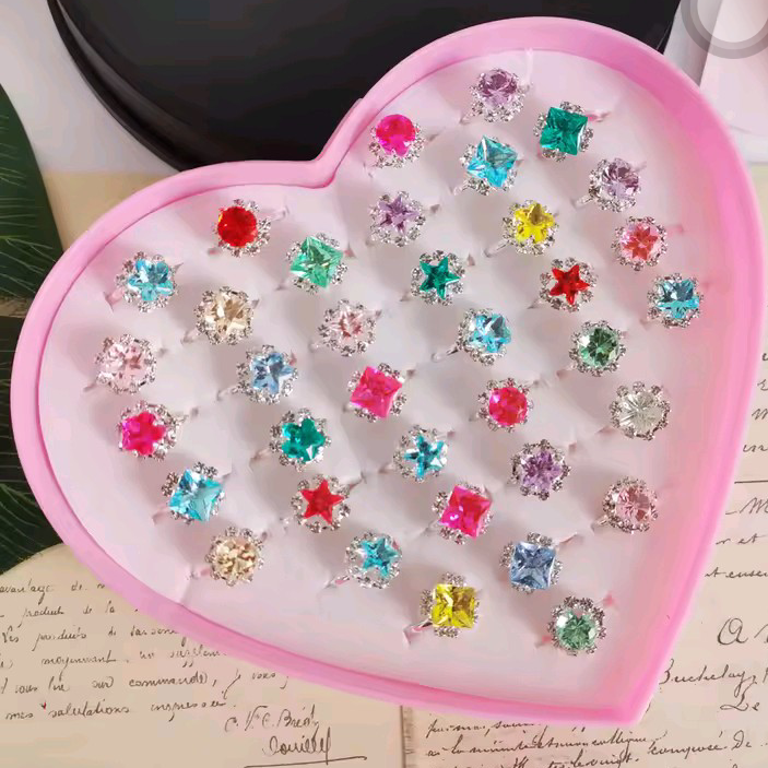 6pcs Children Ring Cartoon Plastic Diamond Crystal Jewelry Birthday Beautiful Colorful Diamante Set